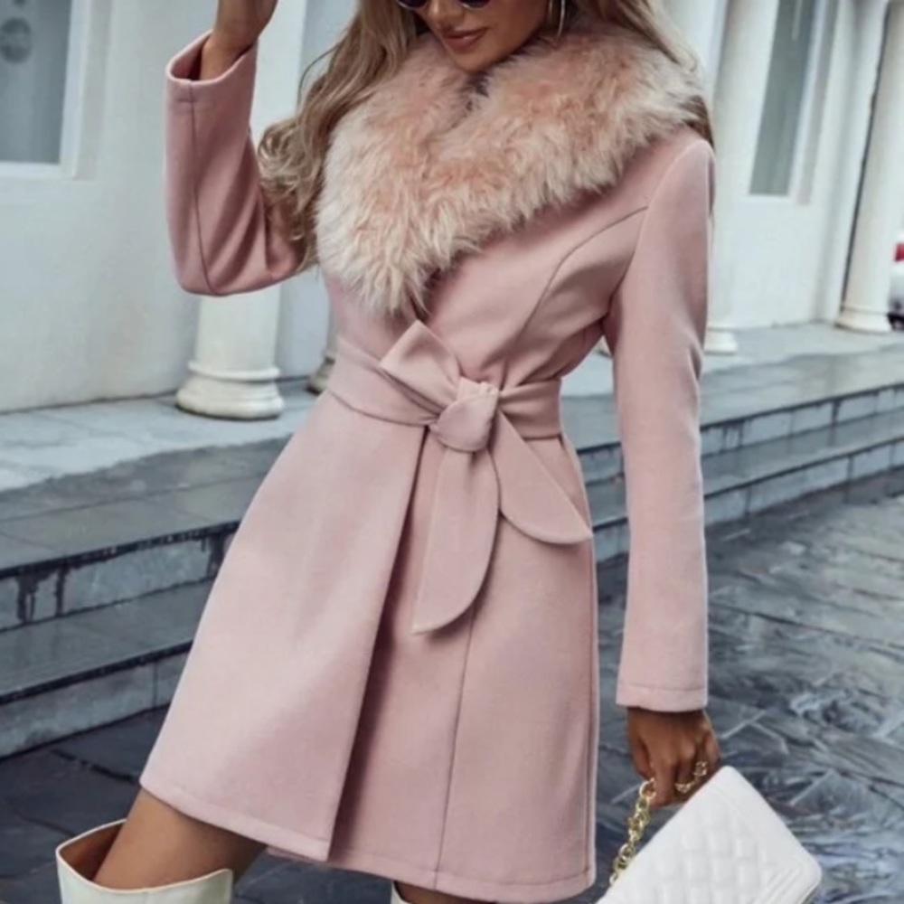 Luxe Dusty Pink Vegan belted Fur Pea coat - Picture 1 of 4